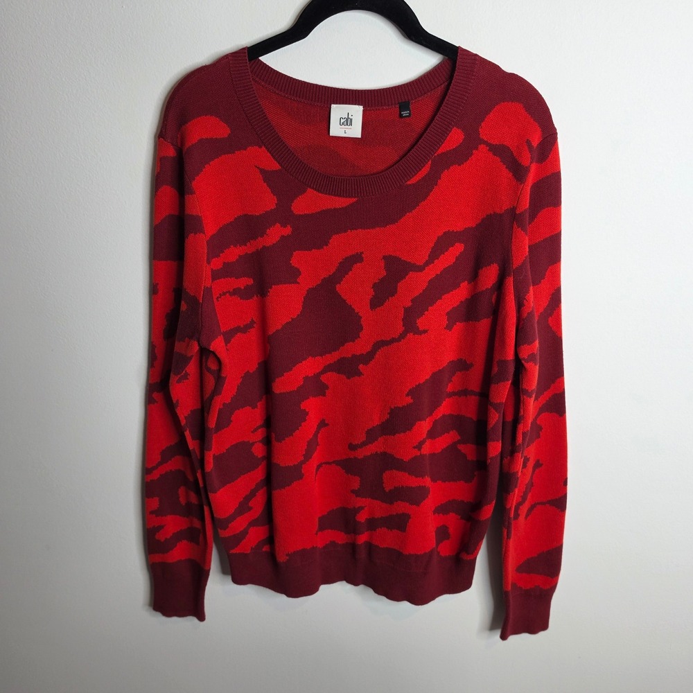Cabi Pullover Sweater Womens Size Large Red Camo Long Sleeve 3158